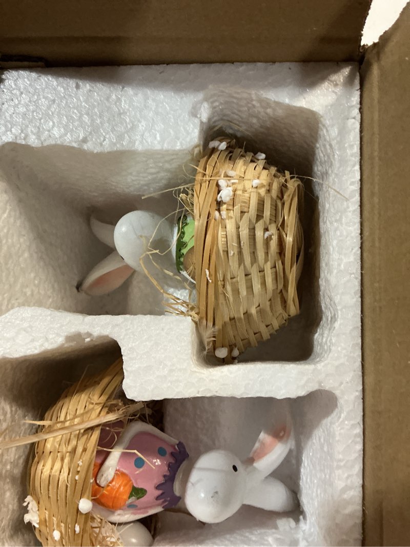 Condition photo showing New/Like New for easter bunny resin decor set of 2 – cute rabbit figurines in basket with eggs, spring easter table decorations for home, farmhouse, office & party centerpiece tiered tray shelf mantel