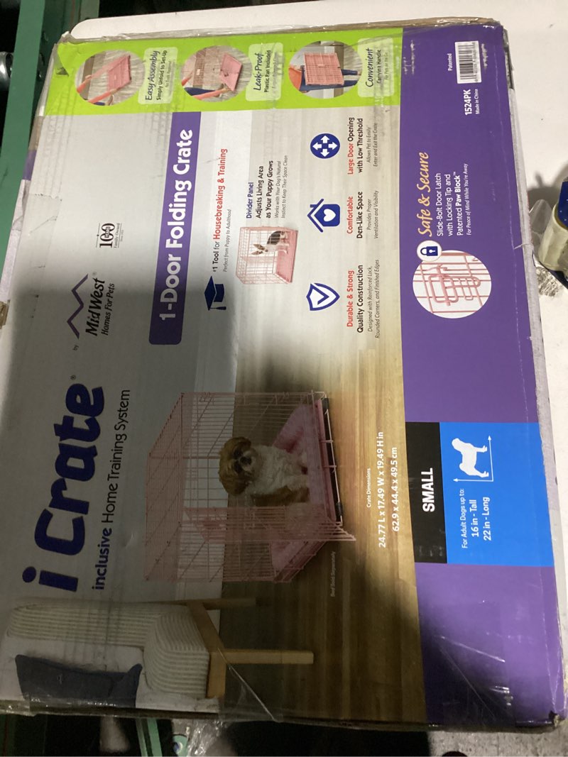 Condition photo showing Good Condition for midwest homes for pets single door icrate 24" pink folding metal dog crate w/ divider panel, floor protecting "roller" feet & leak proof plastic tray; 24l x 18w x 19h inches, small dog breed