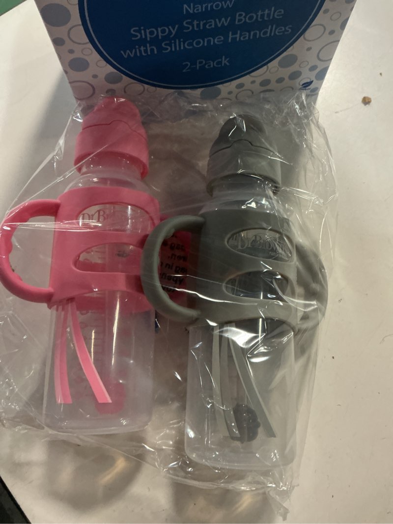 Condition photo showing New/Like New for dr. brown's milestones narrow sippy straw bottle, spill-proof with 100% silicone handles and weighted straw, 8 oz/250 ml, gray/pink, 6m+ gray & pink