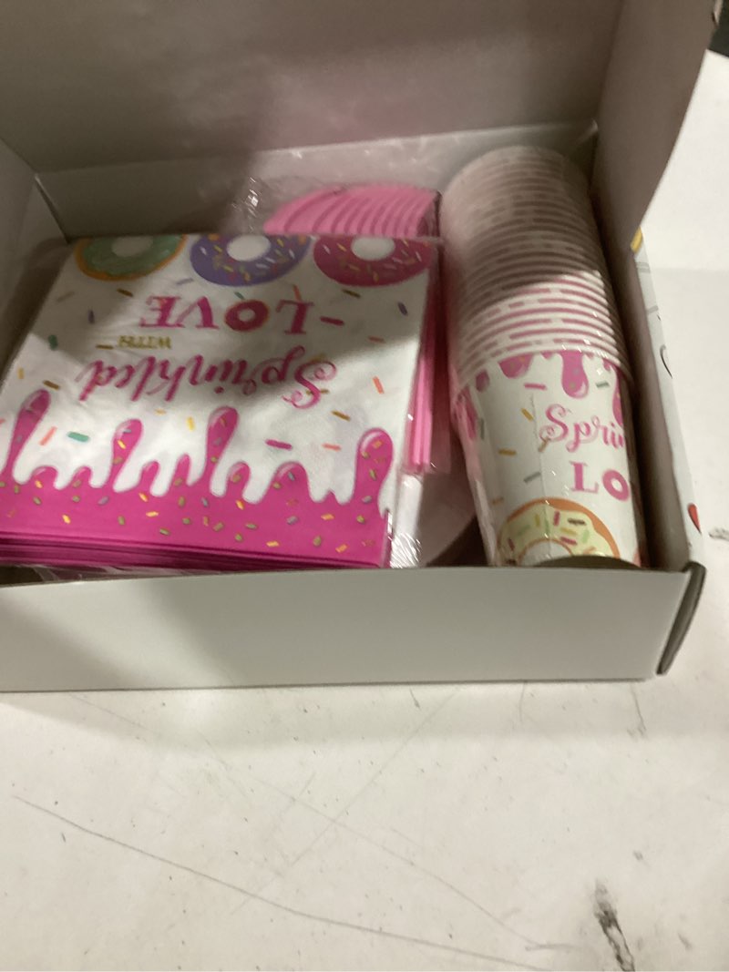 Condition photo showing Good Condition for donut baby sprinkle decorations tableware girl - pink donut sprinkled with love baby shower decorations party supplies, paper plate, napkin, cup, disposable fork | 24 guests