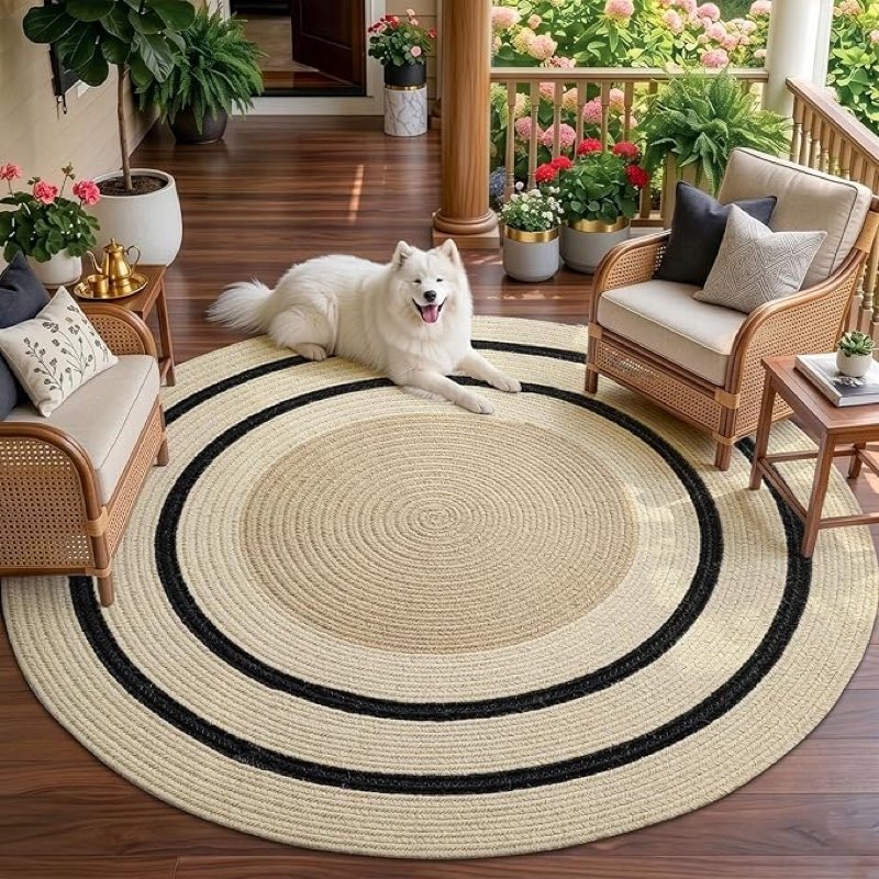 dexi round jute rug natural fiber 6x6, braided woven area rugs no shed, large soft neutral rustic carpet mat for indoor outdoor patio dining living room bedroom farmhouse, 6ft, ivory/black