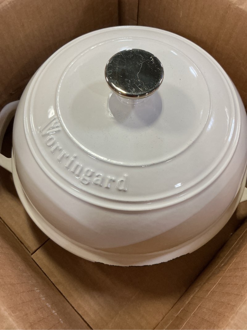 Condition photo showing As Is for Enameled Cast Iron Dutch Oven Pot with Lid, Bread Oven for Sourdough Bread Baking, Dutch Ovens with Bread Proofing Basket& Baking Supplies Set, 6 Quart, White