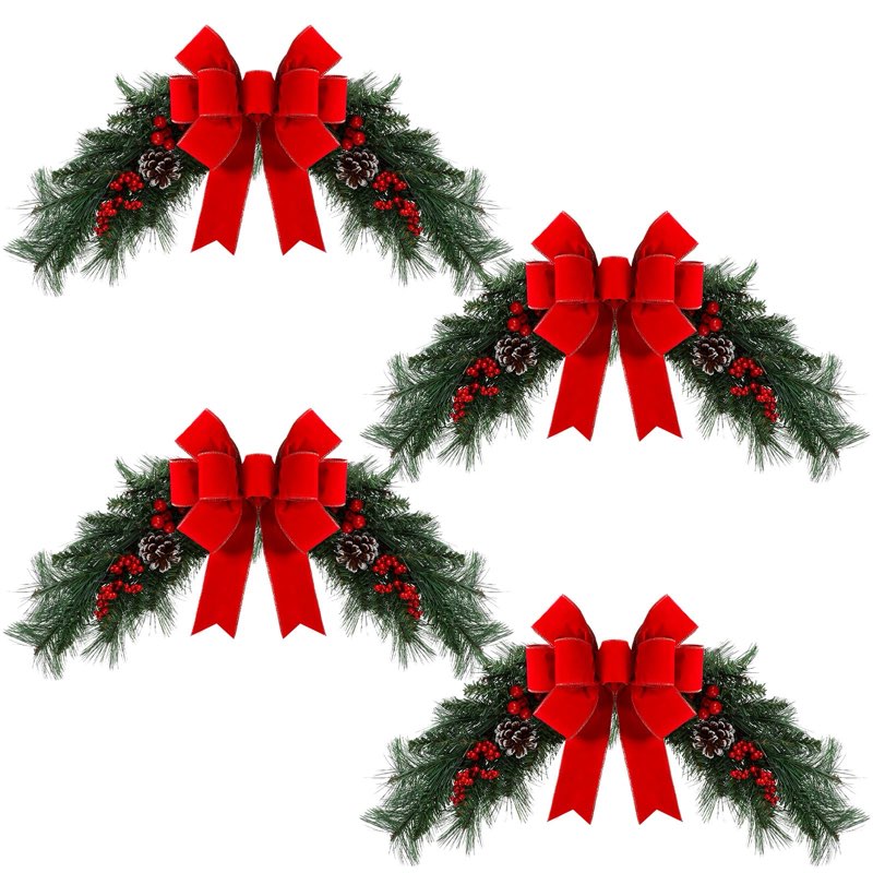 4 pack christmas window swags 33 inch christmas mailbox swags with red velvet bow greenery window swag outdoor for front door lintel mantel wall home decor
