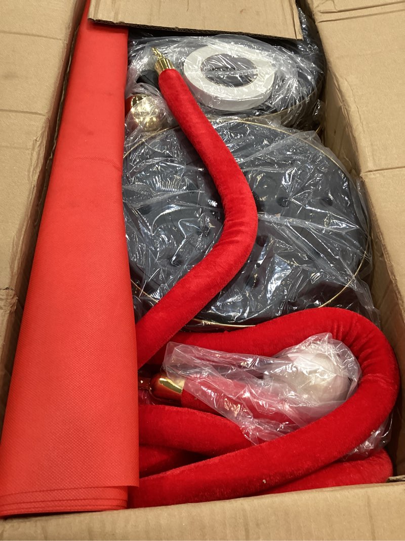 Condition photo showing As Is for vevor stanchions and velvet ropes 6pcs, hollow base with stainless steel post & 26.25ft carpet, 4 red velvet ropes, crowd control barriers gold stanchions, red carpet runner poles for party supplies gold 6 pcs