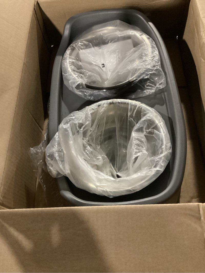 Condition photo showing Good Condition for iris usa adjustable elevated dog bowls, raised feeder with 2 stainless steel 64 oz bowls, spill-guard rim, 12.25" or 4.63" heights, durable plastic, made in usa, dark gray