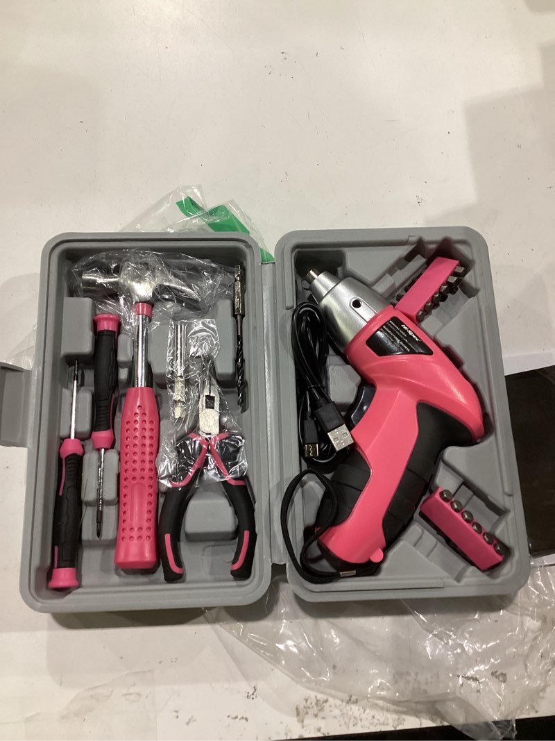 Condition photo showing Good Condition for hi-spec cordless electric screwdriver, power screw driver set with pink compact tool kit for small repair and maintenance- ideal housewarming gift,19 piece light pink