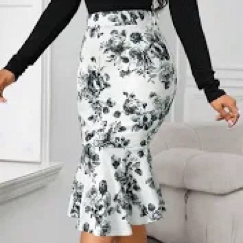 Gardenwed Women Summer Bohemian Ditsy Floral Skirt High Waist Casual Mermaid Midi Skirts White Black
