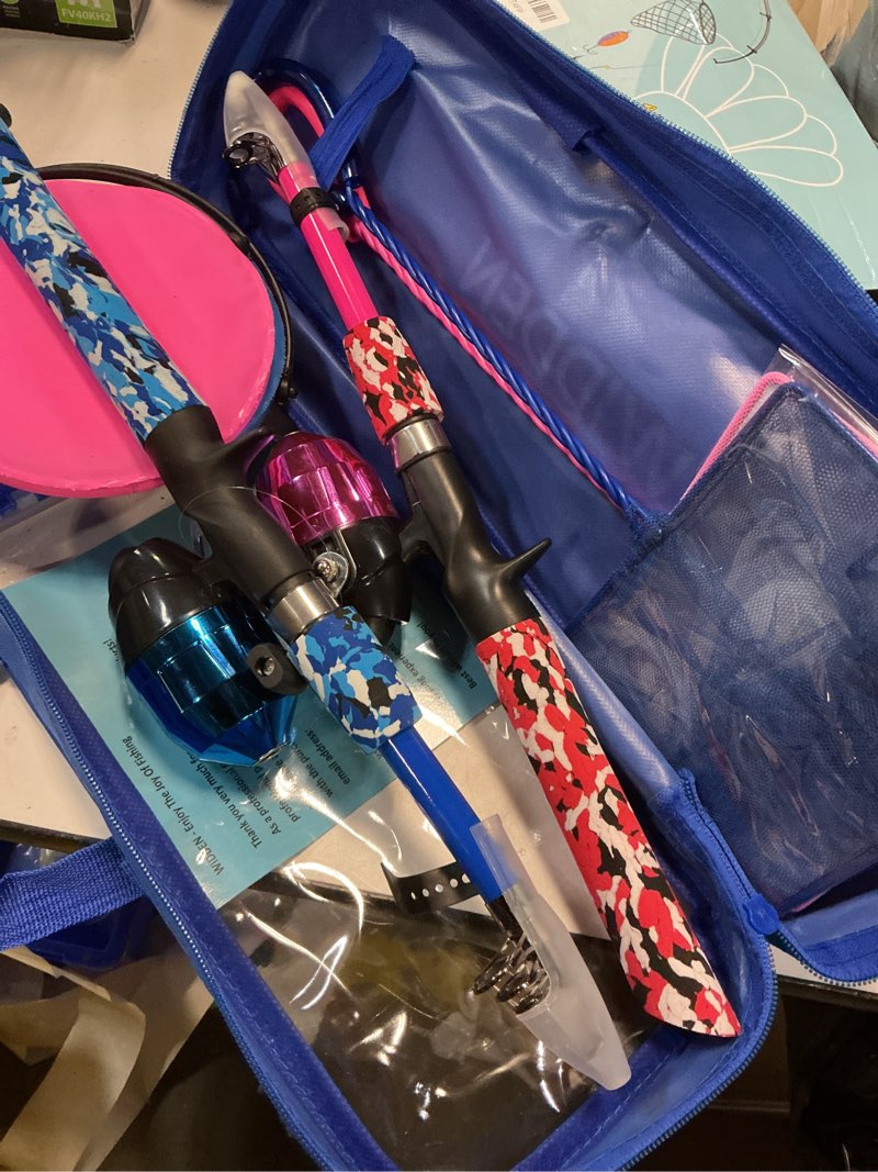 Condition photo showing Good Condition for kids fishing pole, portable telescopic kids fishing poles for boys and girls, fishing rod and reel combo kit with tackle box, and fishing net, best fishing pole for toddler youth blue+pink