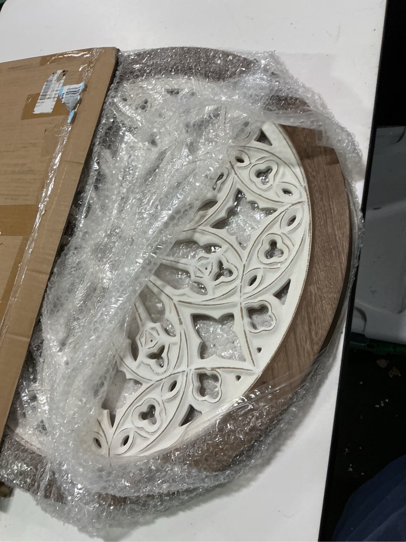 Condition photo showing New/Like New for Funly mee Vintage Round Wall Decor with Frame,Wood Grille Wall Sculptures 23.6 in