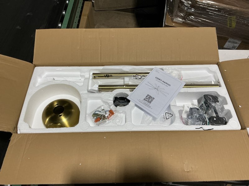 Condition photo showing As Is for 65 inch ceiling fans with lights and remote, gold indoor/outdoor ceiling fan with quiet reversible dc motor, 6 speeds, 3cct, 8 blades large ceiling fan for living room bedroom patio gold 65 inch