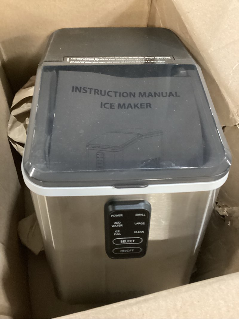 Condition photo showing As Is for Aeitto Ice Maker Countertop 26lbs/24H, Ice Machine 8 Ice Cubes Ready in 6 Mins, 2 Sizes of Bullet Ice Portable Ice Makers with Basket & Scoop, Auto Self-Cleaning for Home/Kitchen/Office Stainless Stainless Silver