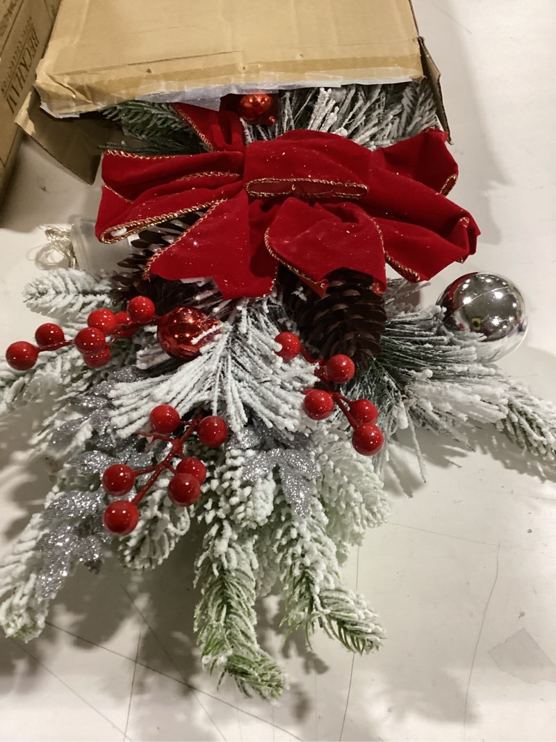 Condition photo showing As Is for 2025 Cordless Christmas Swags Prelit Teardrop Swag Christmas Staircase Decorations Artificial Stairs Christmas Garland with Lights Rustic Christmas Swag for Front Door Wall Window Stair Home Decor (A)