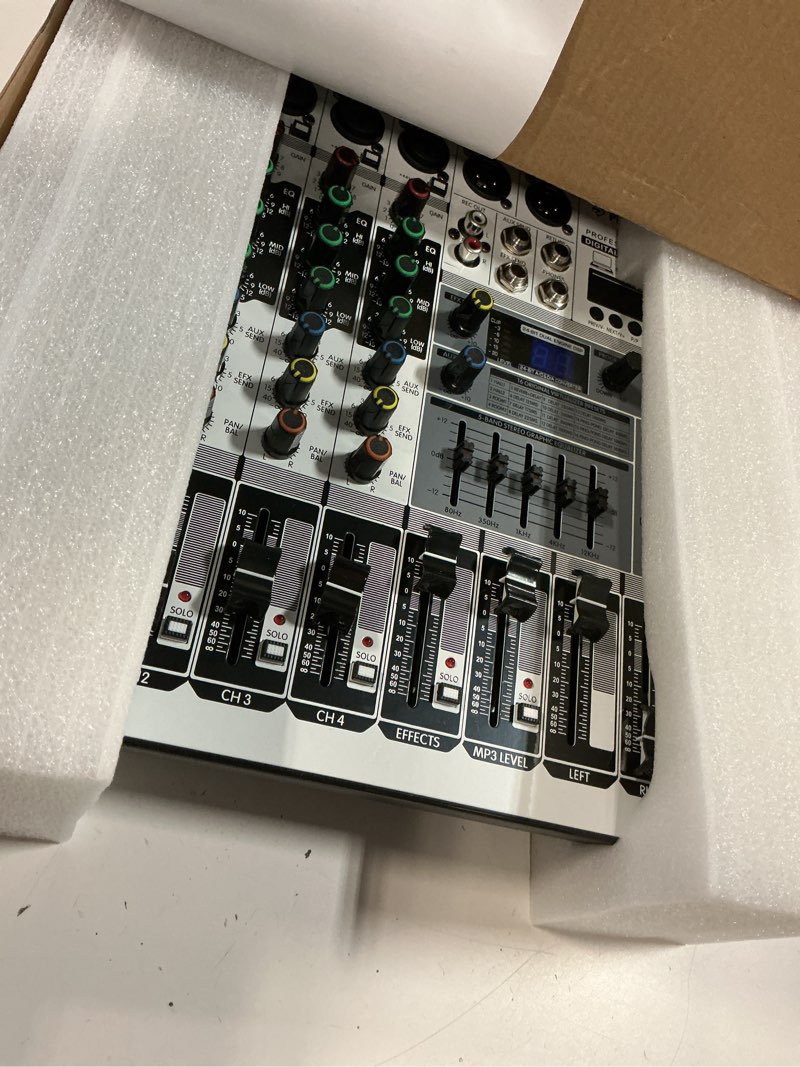 Condition photo showing Good Condition for professional dj mixer, phenyx pro sound mixer w/ usb audio interface, 4-channel sound board audio mixer w/ stereo equalizer, 16 dsp effects, ideal for stage, live gigs, and karaoke (ptx-15)