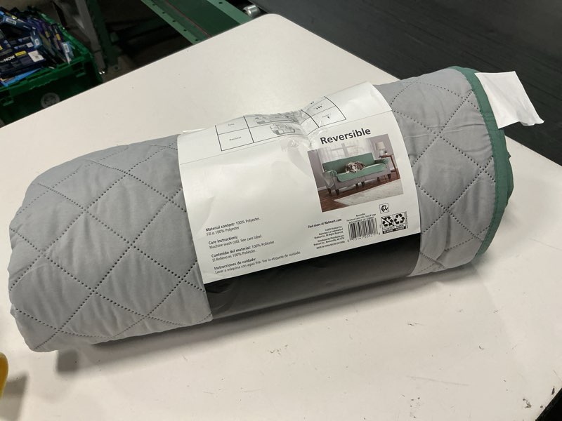 Condition photo showing As Is for mainstays reversible quilted fabric sofa furniture protector, 3-piece, grey