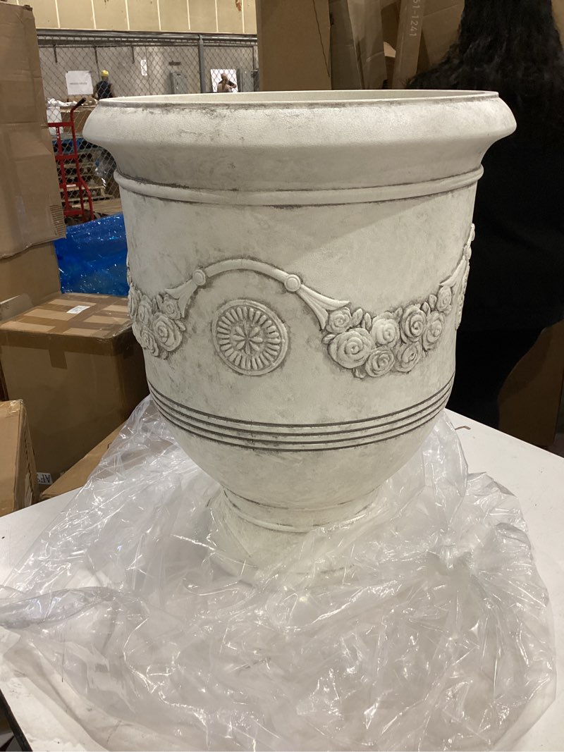 Condition photo showing As Is for planters for indoor & outdoor plants, 16.5 inch large magnesium oxide urn planter with drainage hole, decorative unique garden plant pots for front porch & home decor, lightweight, white medium white