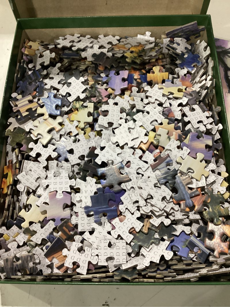 Condition photo showing As Is for incomplete lakeside cobin jigsaw puzzles 1000 pieces for adults | large poster included, back letters hints/a-d sections, dust-free, finished size 27.56×19.69inch, family indoor activity