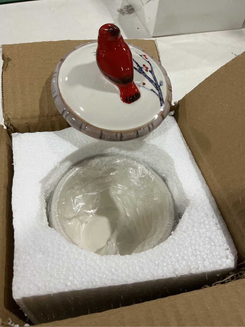 Condition photo showing Good Condition for bits and pieces - ceramic cardinal trinket box - cardinal keepsake and jewelry box - home décor