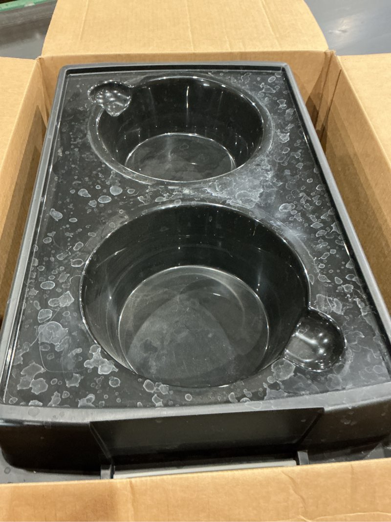 Condition photo showing As Is for iris usa elevated dog bowls, 15" h raised bowl for large dogs, airtight pet food storage holds up to 47 lbs, 2 removable 64 oz stainless steel bowls, at home or camping, smoke/black