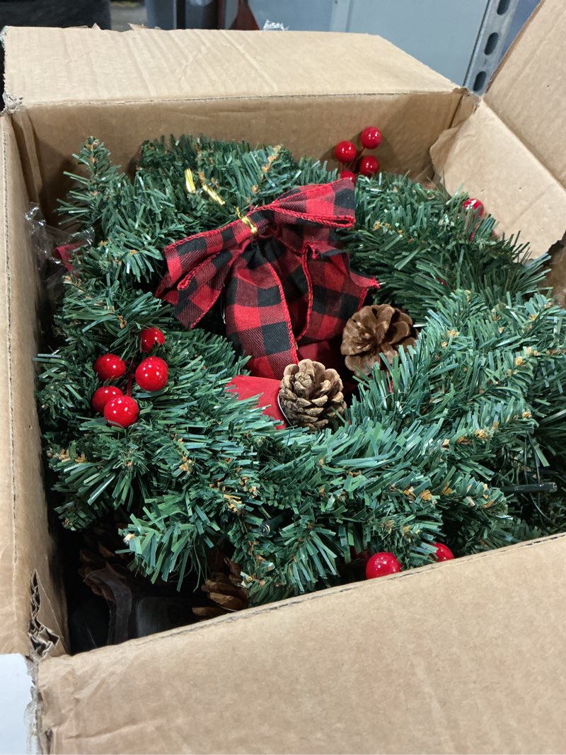 Condition photo showing As Is for Ceenna Set of 6 Prelit Lighted Christmas Wreath 15 Inch Prelit Christmas Wreath with Large Buffalo B