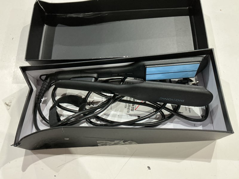 Condition photo showing As Is for bio ionic onepass styling flat iron with nanoionic & moisturizing heat technology, hydrated and frizz-free hair, ceramic hair straightener with silicone strip for gentle onepass styling black 1.5 inch