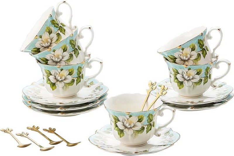TATSUMI Country Roses 18 Peices Bone China Tea Cup And Saucer Set, English Vintage Tea Cups Of 6 For