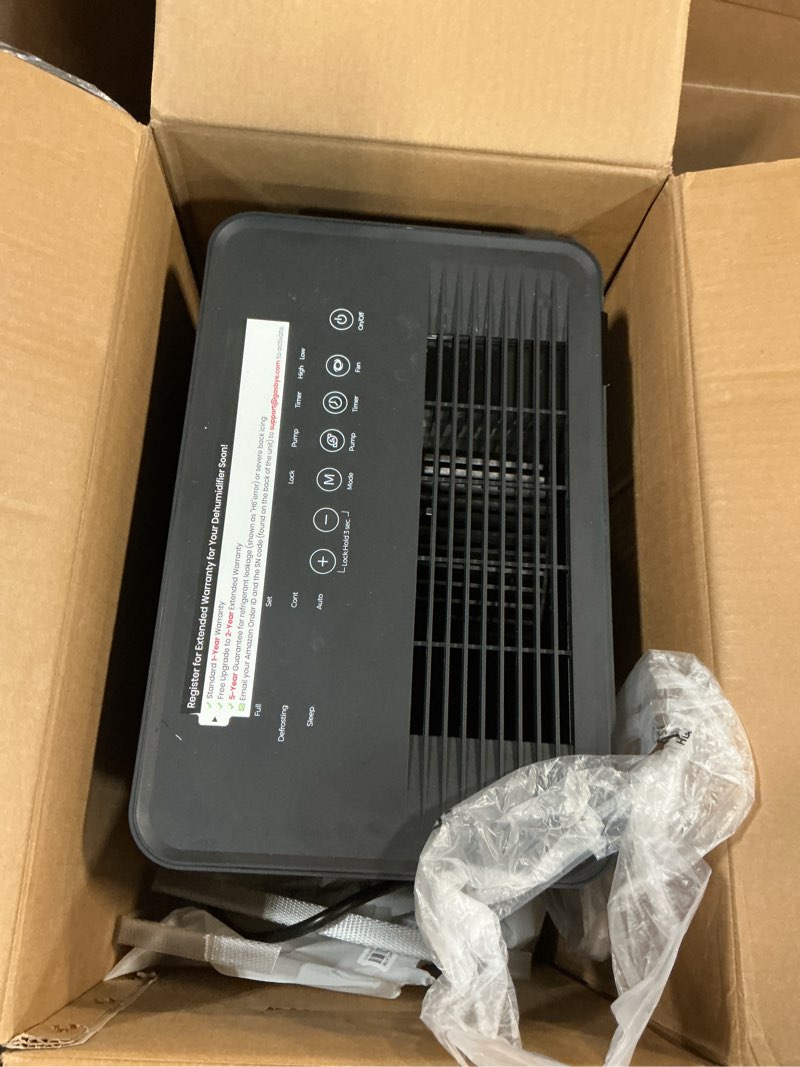 Condition photo showing As Is for gasbye energy star 2024 dehumidifier with [  pump] for basement – [44db quiet, easy to clean & clog-free], max 75 pints/day, 16.5ft drain hose, auto shut-off, auto-restart, black