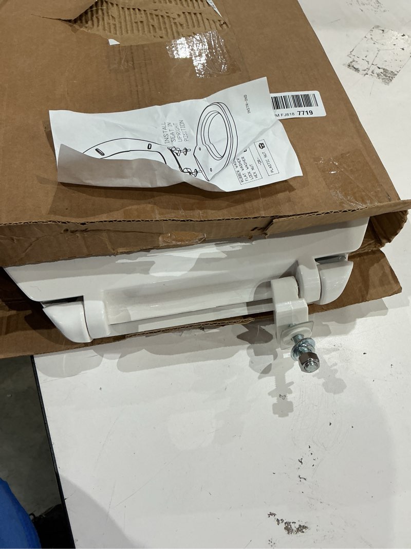 Condition photo showing Good Condition for centoco elongated toilet seat, open front with cover, heavy duty commercial, stainless steel self sustaining hinge, plastic, made in the usa, 820stss-001, white elongated commercial