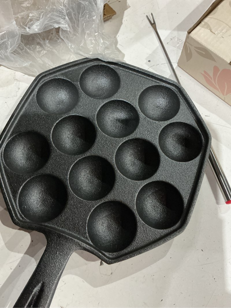 Condition photo showing Good Condition for anxingo cast iron takoyaki pan - 12 hole heavy duty square cooking plate octopus ball maker 1.5" half sphere takoyaki maker for baking cooking