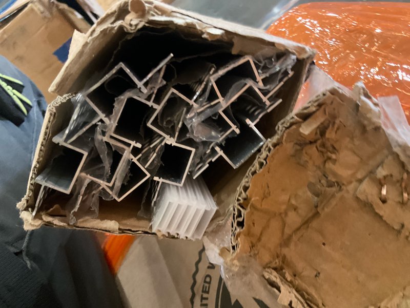 Condition photo showing As Is for hunhun 10-pack 6.6ft/2meter drywall led aluminum channel system with milky cover, end caps and mounting clips, aluminum profile for led strip light installations (double-edge-6.6ft, 10) drywall-double-edge-6.6ft 10-pack