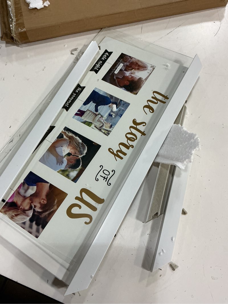Condition photo showing As Is for kate & milo the story of us collage picture frame, romantic wedding & engagement gift, bridal shower keepsake, love story wall frame with 4x4 inserts, white the story of us frame