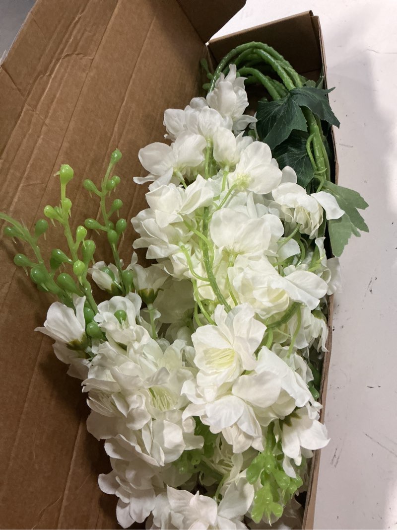 Condition photo showing Good Condition for 8 pcs white delphinium artificial flowers, 34.25''artificial snapdragon flowers tall fake flowers silk flowers faux delphinium bulk for tall vase home wedding garden table decor (white)
