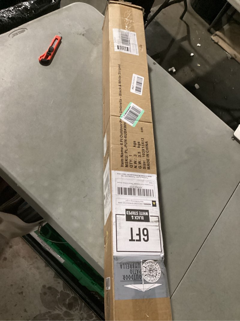 Condition photo showing As Is for 6 ft outdoor patio umbrella, easy open/close crank and push button tilt adjustment, market umbrellas