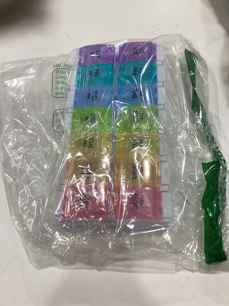 Condition photo showing New/Like New for sukuos am pm weekly pill organizer 2 times a day, large daily pill box case 7 day with easy push button design, detachable medicine holder for vitamin/fish oil/supplements (rainbow)