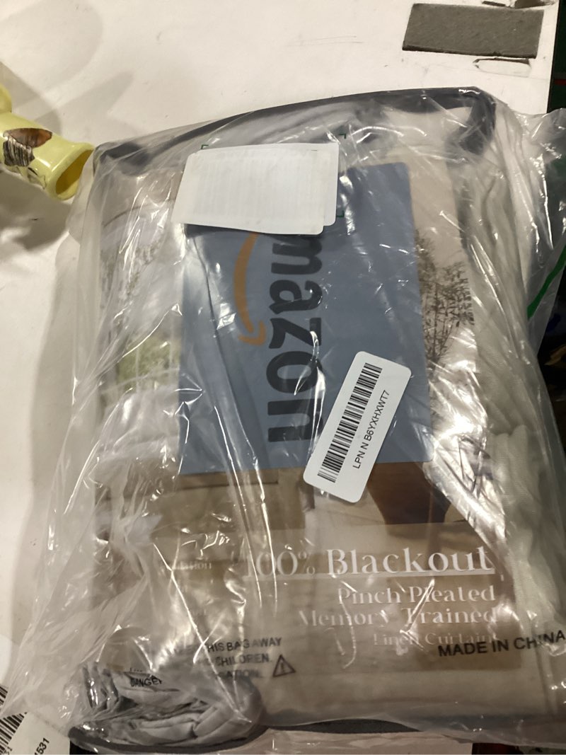 Condition photo showing New/Like New for light beige pinch pleated 100% blackout linen bedroom curtains 96 inch length double layer pleat curtains ring hooks back tab black out room darkening drapes 96 inches long living room oatmeal oatmeal 40"w x 96"l (pack of 2)