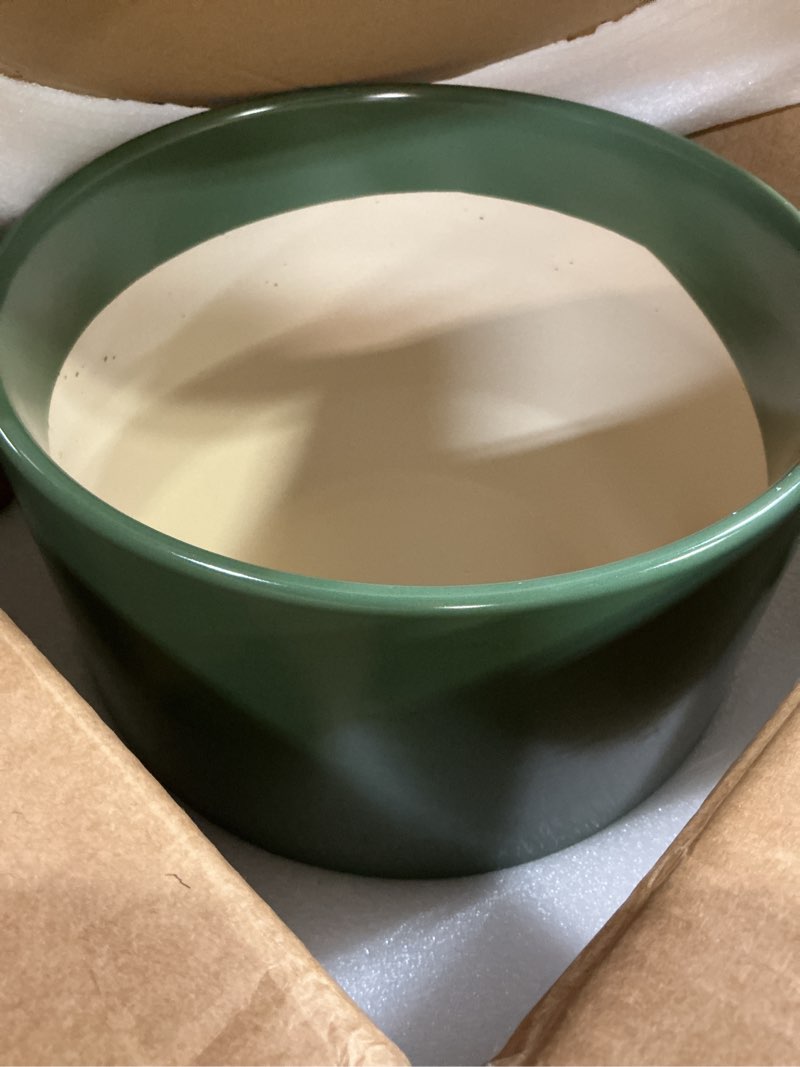 Condition photo showing Good Condition for le tauci 12 inch pots for plants, ceramic plant pots with drainage holes and saucers, elegant and durable large plant pot, perfect for home & office decor, green forest green 12 inch