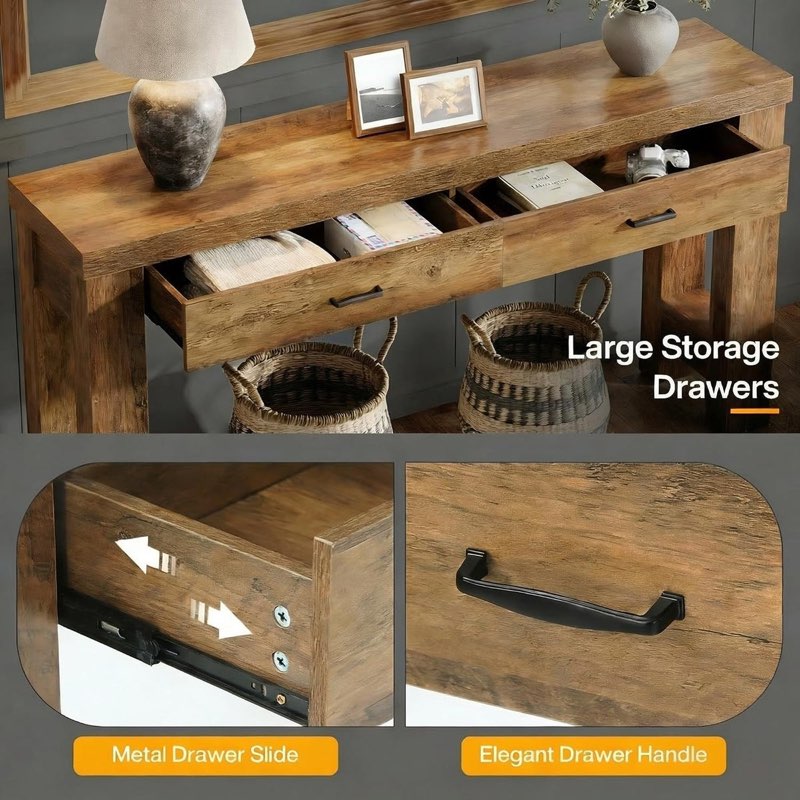 tribesigns 63" console table, farmhouse entryway table with h-shaped legs and 2 drawers