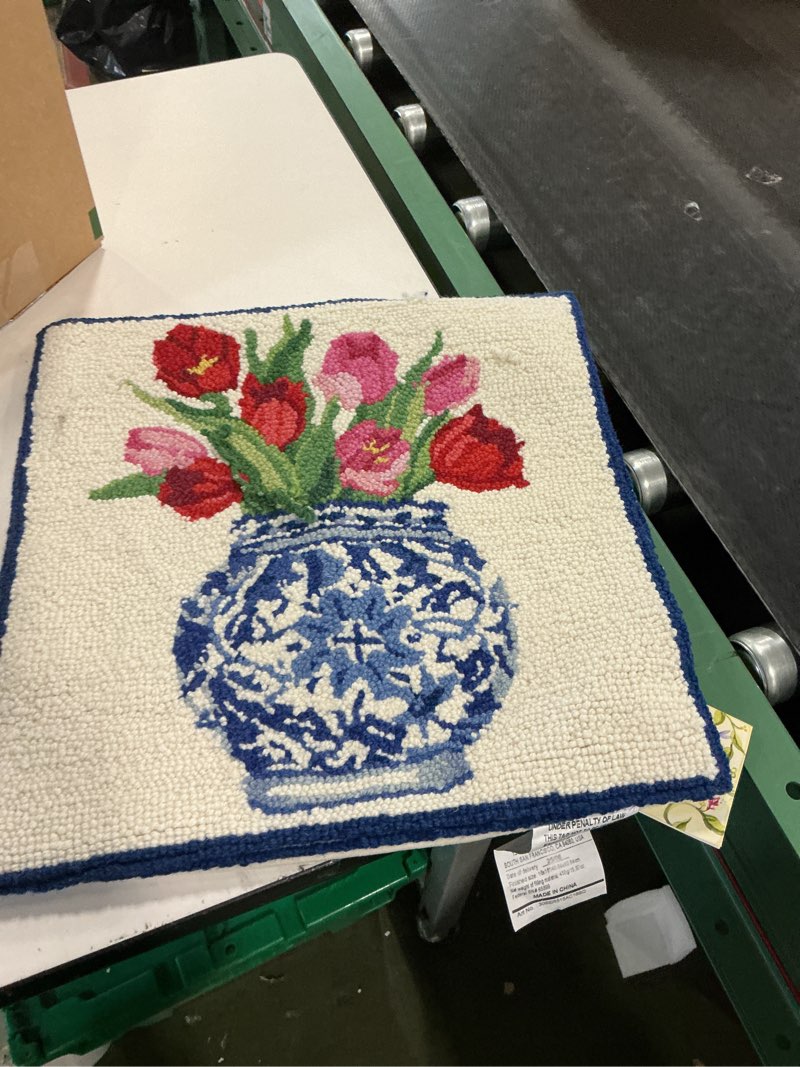 Condition photo showing Good Condition for Peking Handicraft 30SER515AC16SQ Chinoiserie Vase Tulips Hook Pillow, 100% polyester fiber 16 x 16