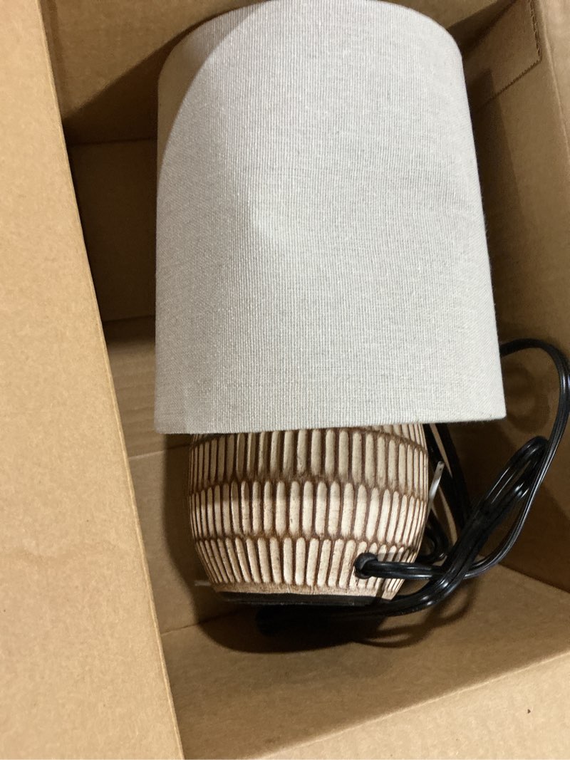 Condition photo showing Good Condition for xtreme ceramic table lamp with shade, 12.75” inch carved textured table lamp, brown modern lamp with beige shade, small bedside lamp for bedroom nightstand, living room, requires e26 bulb carved ceramic lamp