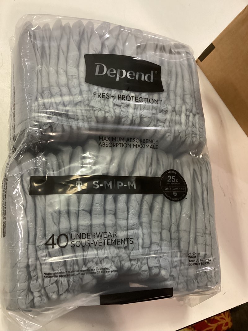 Condition photo showing New/Like New for Depend Fresh Protection Adult Diapers, Incontinence Underwear for Men, Disposable, Maximum, Small/Medium, Grey, 80 Count (2 Packs of 40), Packaging May Vary Small/Medium 80