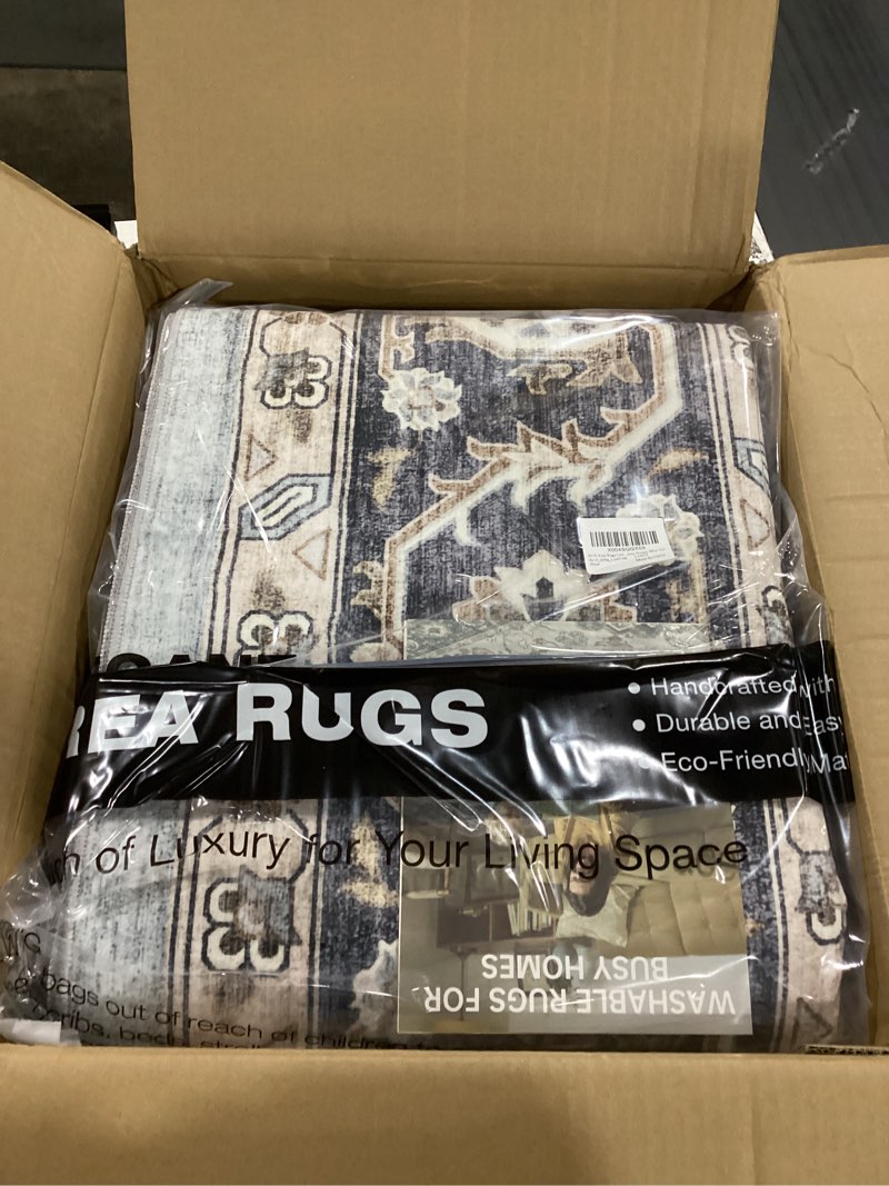 Condition photo showing New/Like New for 8x10 area rugs living room: washable boho large neutral vintage soft rug stain resistant farmhouse non-slip indoor floor carpet for bedroom nursery kids office dining room home house- blue tan tan blue 8' x 10' (rectangular)
