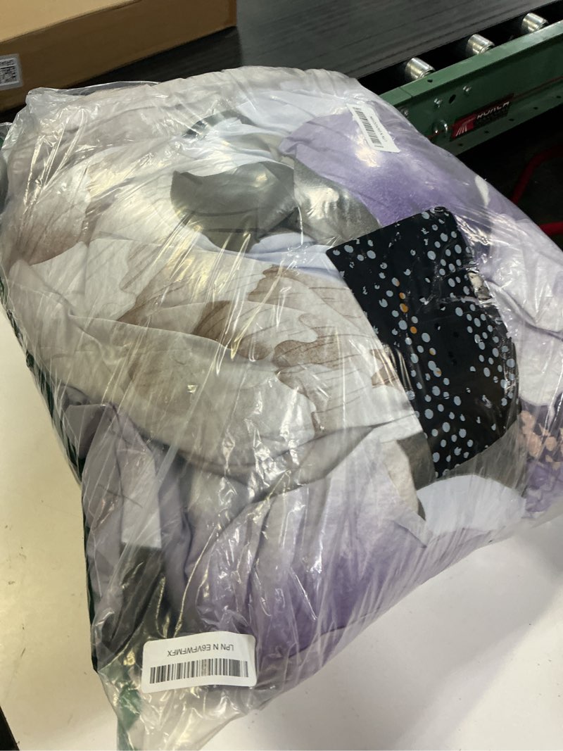 Condition photo showing As Is for dobuyly purple queen comforter set 7 piece bed in a bag queen, purple floral printed on light purple comforter set with sheets, soft microfiber botanical complete bedding set for all season queen purple