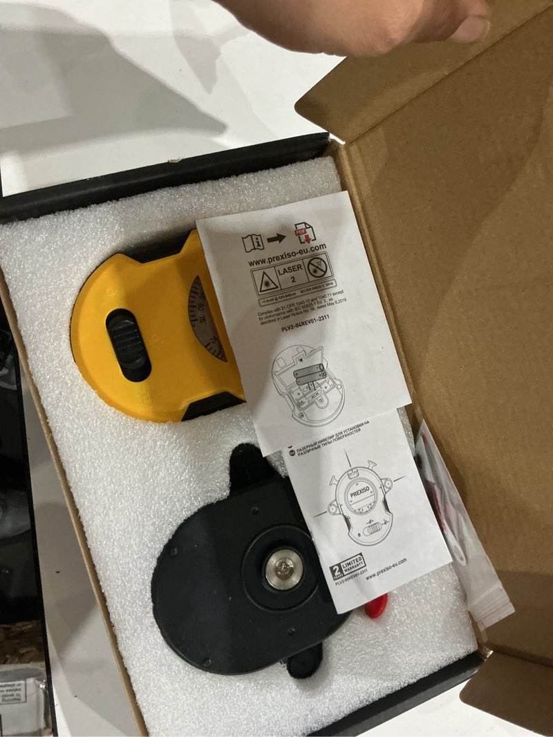 Condition photo showing Good Condition for prexiso multi surface laser level led light vial, 30ft horizontal & vertical line laser with wall mount base, 2 pins, 10 sticker, 2 aa batteries for hanging frames & picture, construction wall writing