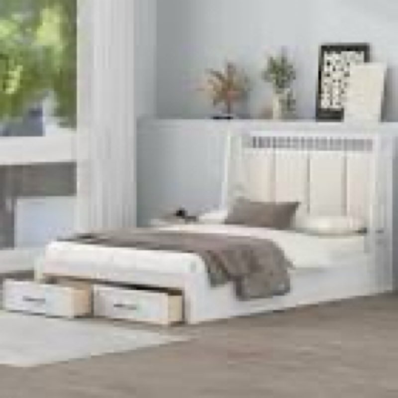 (Incomplete box 2 of 2 ) Modern Queen Size Wood Platform Bed with Upholstered Headboard and 2 Drawers, Antique White