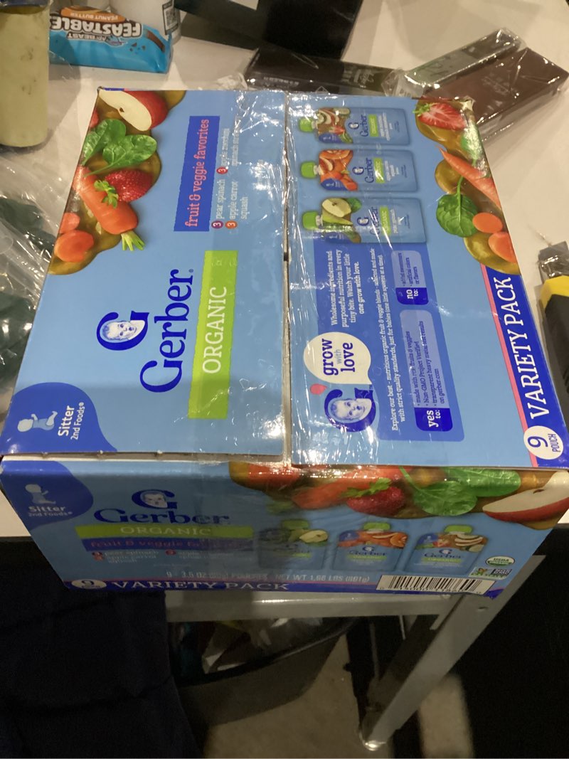 Condition photo showing New/Like New for Gerber Stage 2 Baby Food, Organic Fruit and Veggie Favorites Puree Pouches Variety Pack, No Added Sweetener, Baby Food Pouches, 9-Pack Variety 3.5 Ounce 1