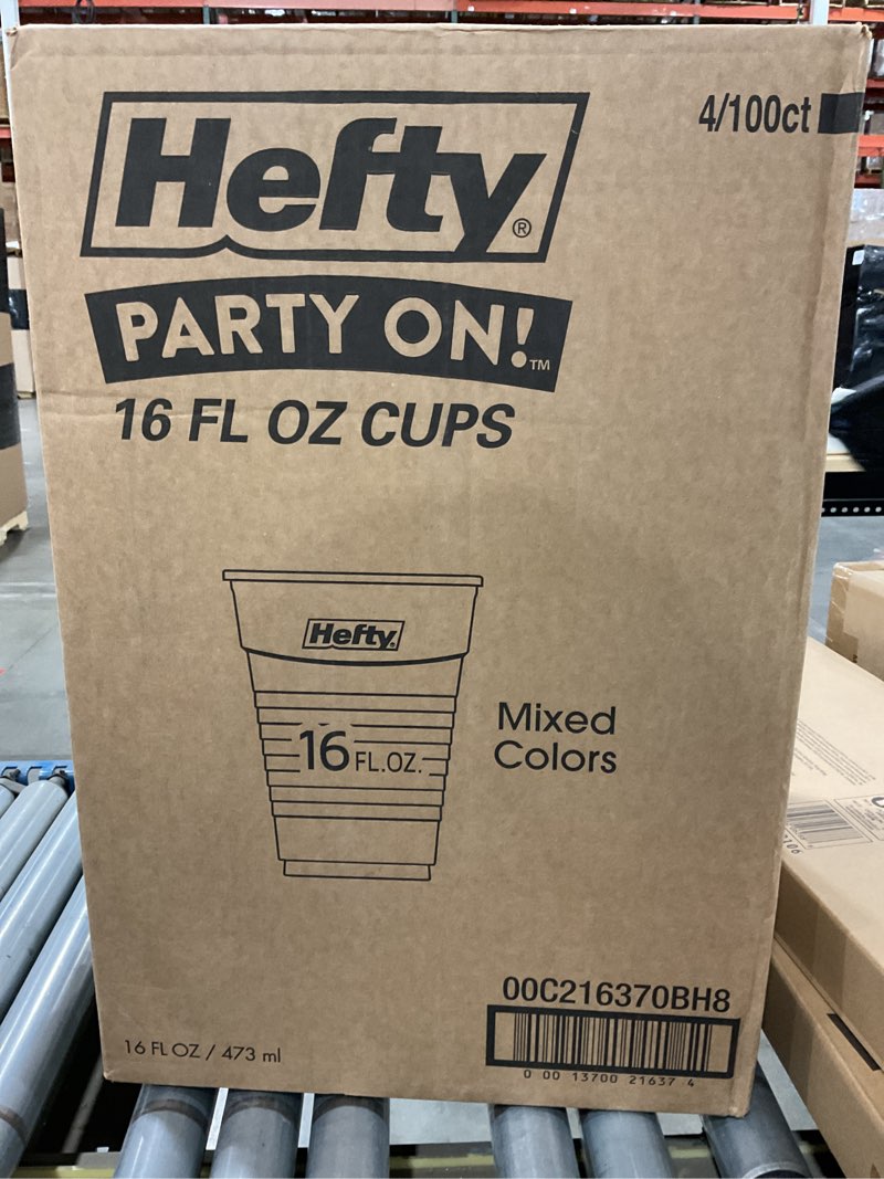 Condition photo showing New/Like New for hefty party cup variety pack, disposable plastic party cups, easy grip & durable, assorted color cup variety pack, 16-ounce cups, 100 ct per pack (pack of 4) 100 count (pack of 4)