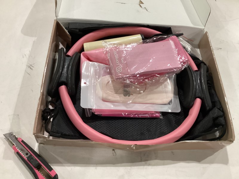 Condition photo showing New/Like New for lionscool pilates ring set – 14" anti-deformation magic circle with padded handles, mini ball, resistance bands, guide & bag pink pro