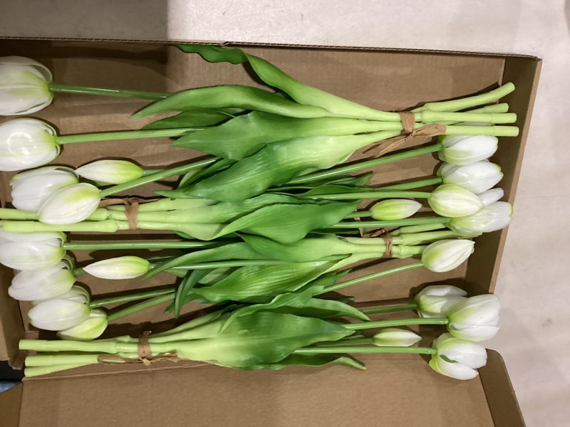 Condition photo showing Good Condition for artificial flowers 20pcs fake tulips real touch, faux latex tulips flowers with gift box soft faux tulips bouquets arrangements for party wedding home room decoration(white) white 20