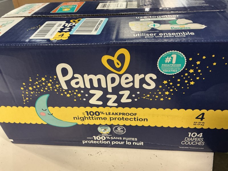 Condition photo showing New/Like New for pampers zzz overnight diapers, size 4 (22-37 lbs), 104 count, nighttime protection disposable baby diaper, night time leak and skin protection size 4 104