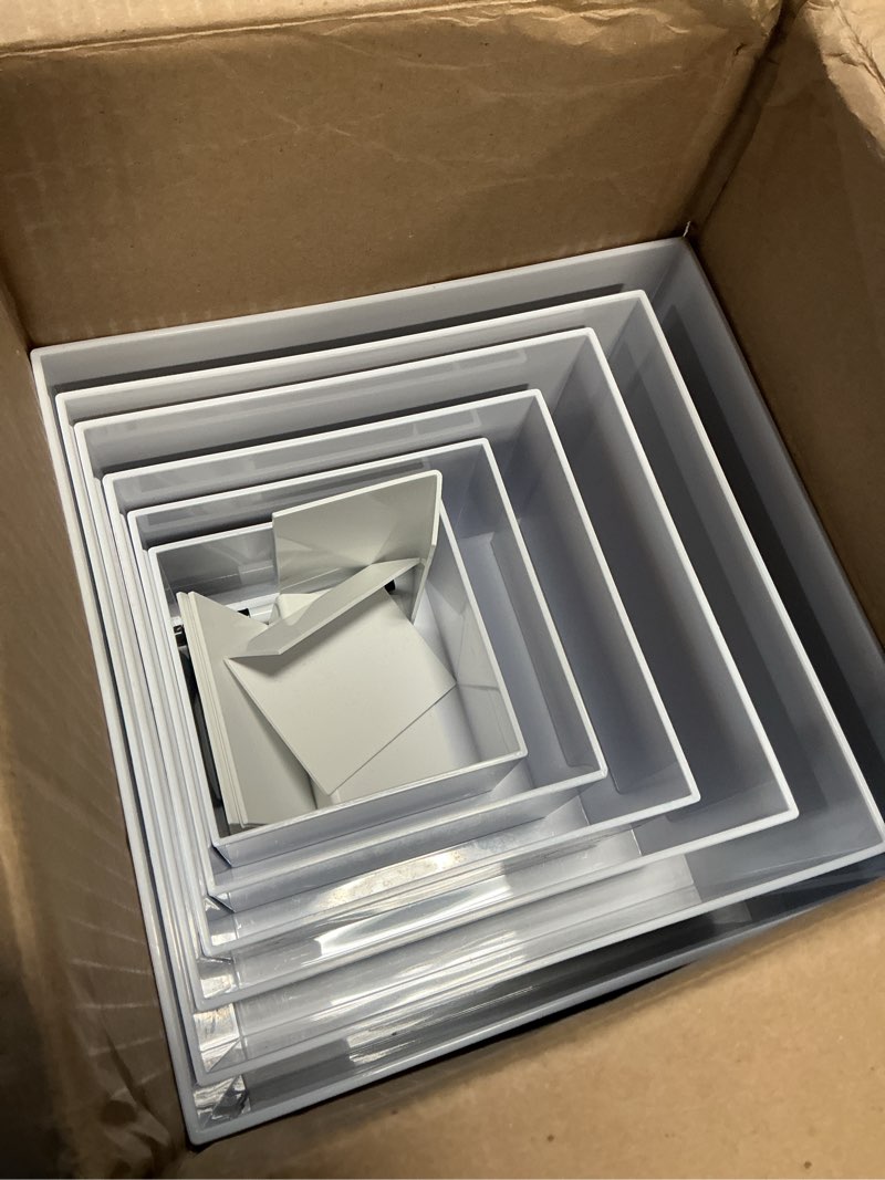 Condition photo showing As Is for 6pcs buffet risers with mini sign and maker, acrylic food risers for buffet table, white food display stands for party, collectibles jewelry display stand, acrylic boxes nesting risers(10",9",8",7",6",5") white 5''6''7''8''9''10''