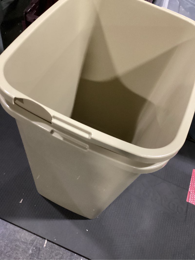 Condition photo showing As Is for Superio Kitchen Trash Can 13 Gallon with Swing Lid, Plastic Tall Garbage Can Outdoor and Indoor, Large 52 Qt Recycle Bin and Waste Basket for Home, Office, Garage, Patio, Restaraunt (Beige, 2 Pack) Swing Top Beige-2 Pack